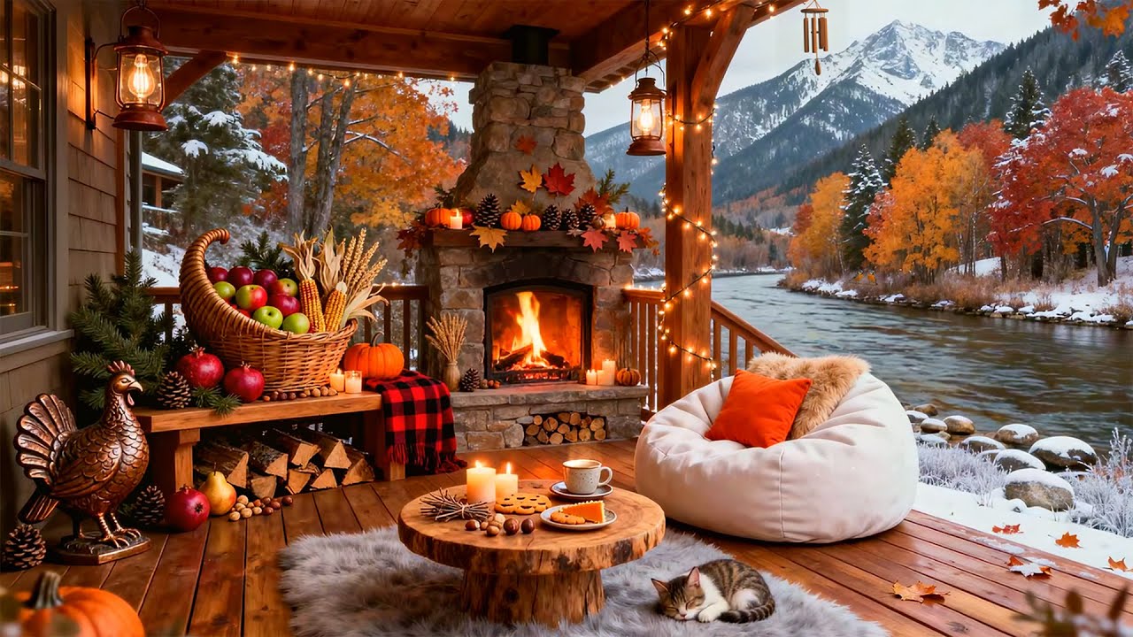 🔥 Thanksgiving Porch Fireplace 4K &mdash; Cozy Autumn-Winter Ambience by the Mountain River