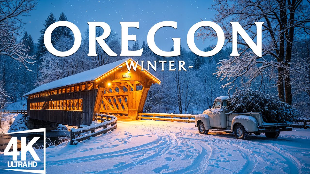 Winter Oregon 4K ❄️ Crater Lake Ridges, Snowy Waterfalls, Mount Hood Pines in Quiet Winter Light