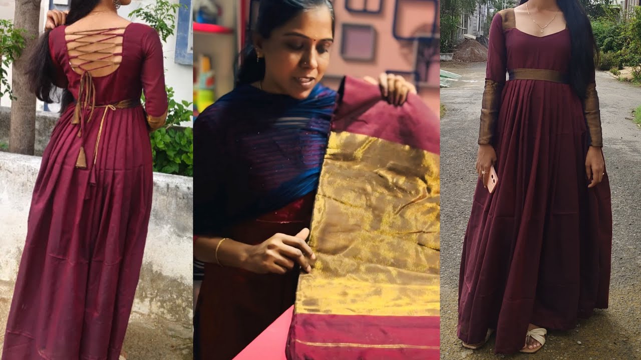 Convert saree into Long gown pleated maxi dress cutting and stitching // RAMYAM DIARY