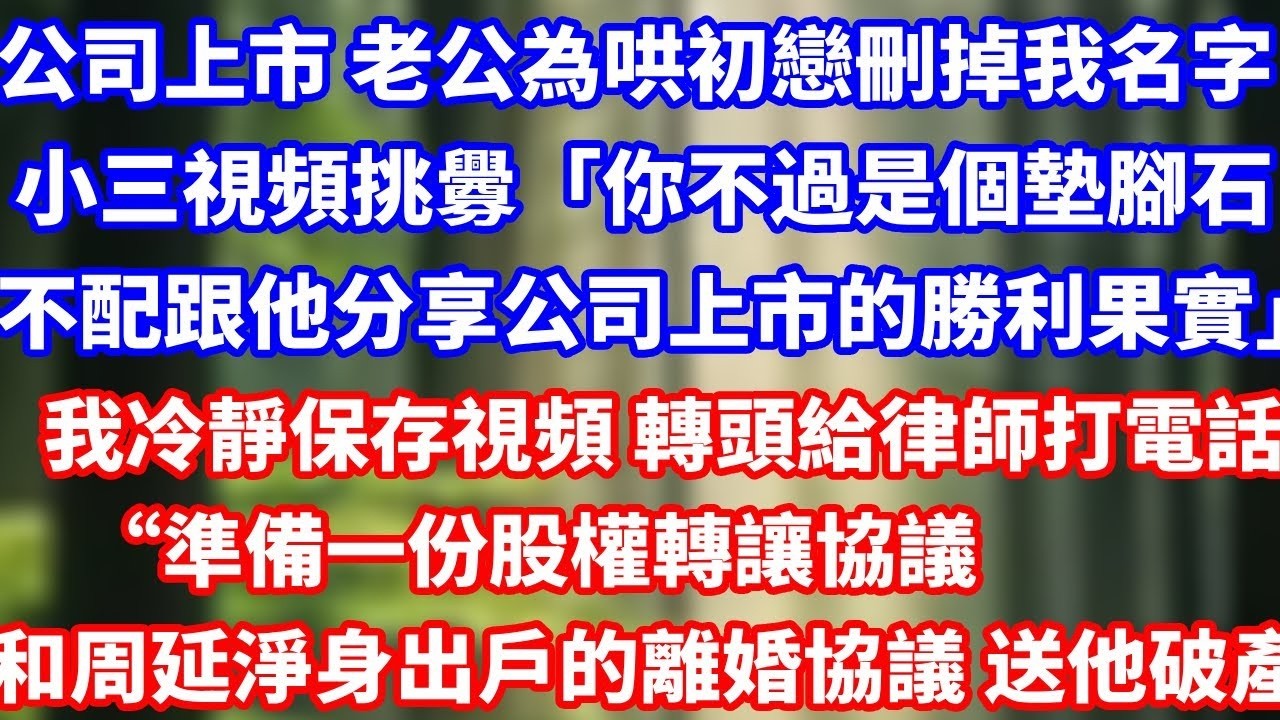 公司上市 老公為哄初戀刪掉我的名字小三視頻挑釁「你不過是個墊腳石不配跟他一起分享公司上市的勝利果實」我冷靜保存視頻 轉頭給律師打電話“準備一份股權轉讓協議和周延淨身出戶的#爽文#大女主#总裁