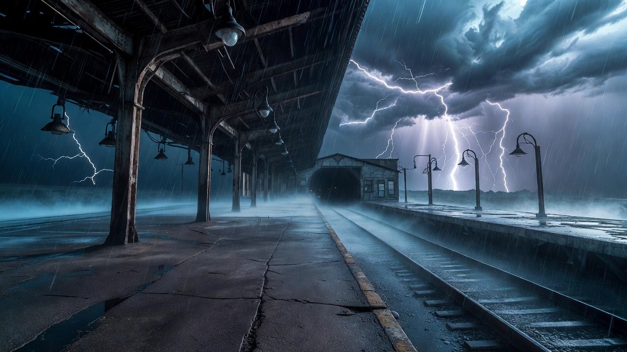 Thunderstorm at Abandoned Train Station ⚡🌧️ | Heavy Metal Roof Rain & Echoing Thunder | 2 HOURS