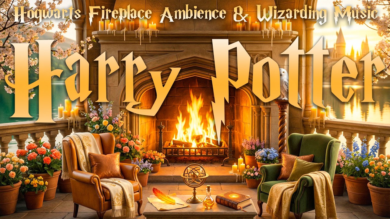 Spring Balcony at Hogwarts 🔥🌸 Lakeside Fireplace Ambience | Harry Potter Music