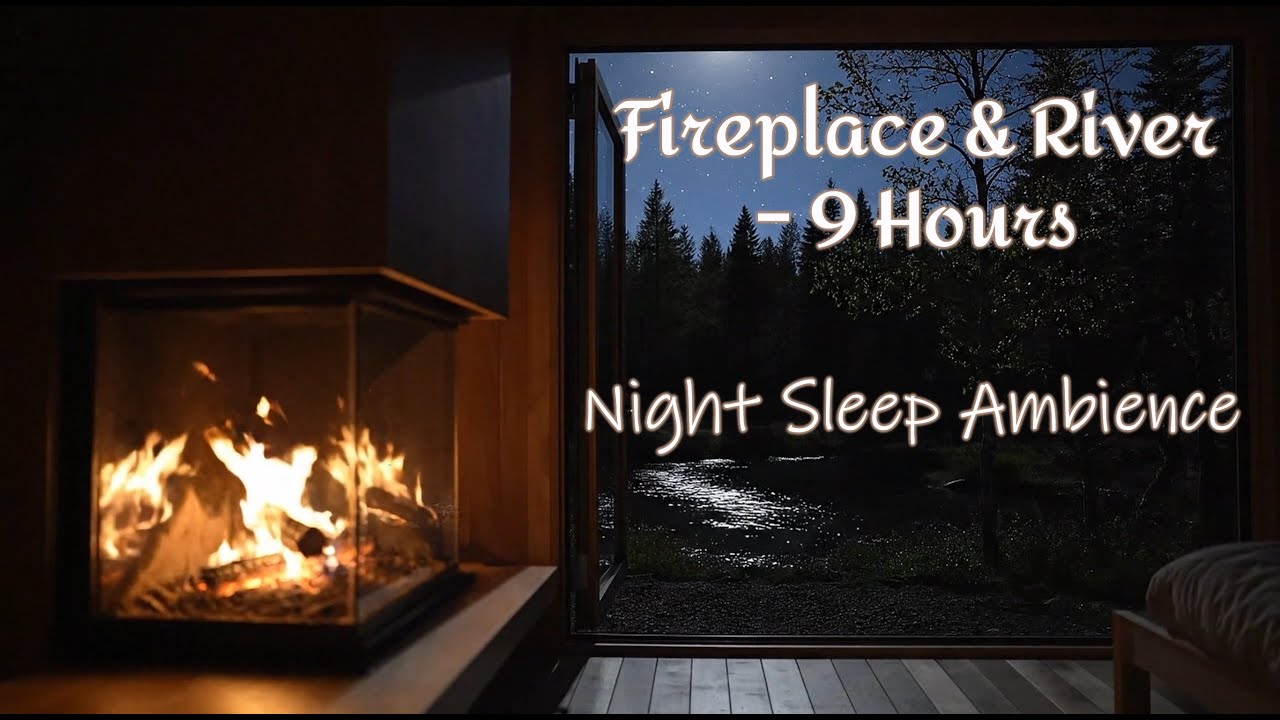 Fireplace & River Night Ambience 🌙 Calm Sleep Music | 9 Hours