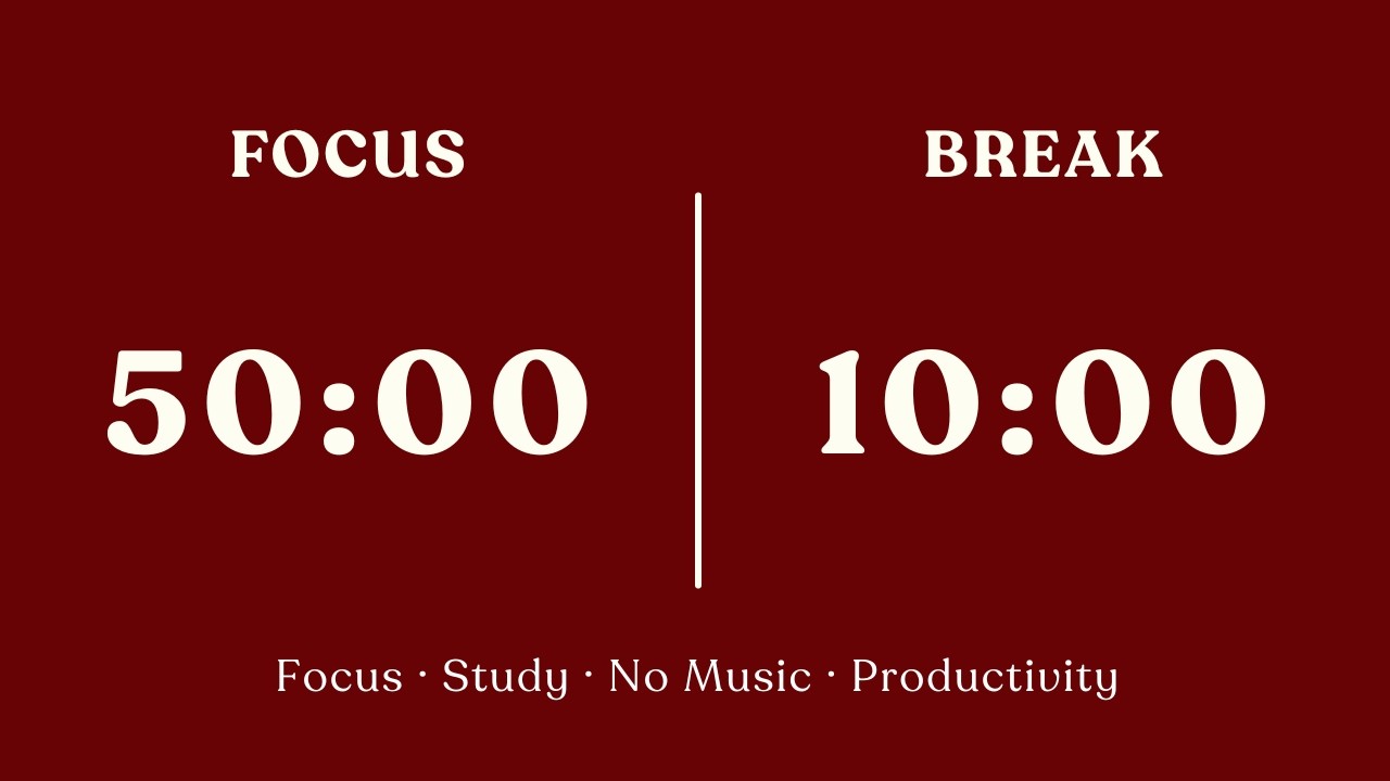 50/10 Pomodoro Timer – 2 Hours Deep Focus Study | No Music | Study With Me