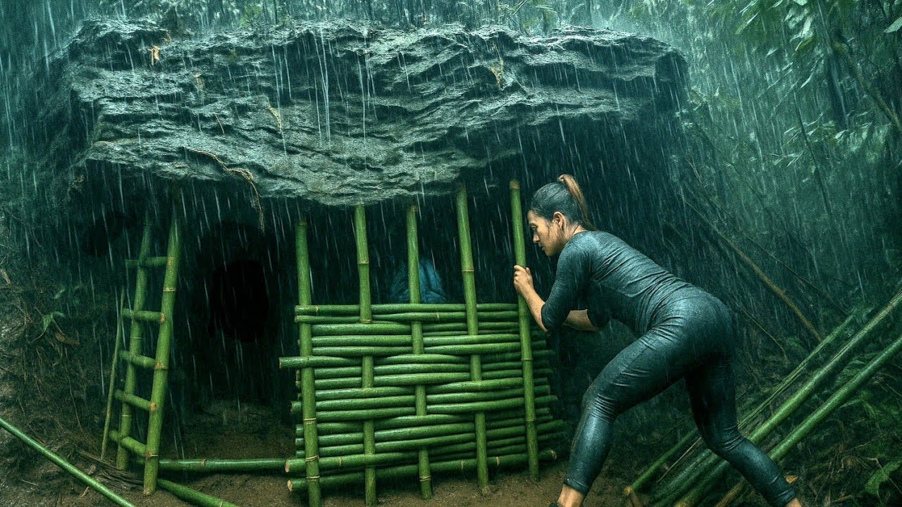 Girl builds shelter in heavy rain - survival alone in the rainforest
