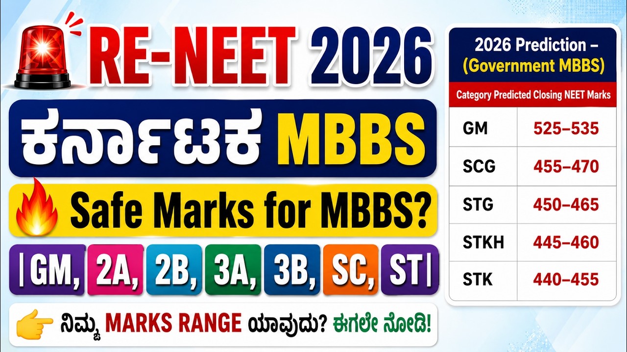 🚨RE-NEET 2026 Karnataka Category Wise Safe Marks for MBBS? (Kannada)| MBBS CUTOFF? 📢 GM, OBC, SC, ST
