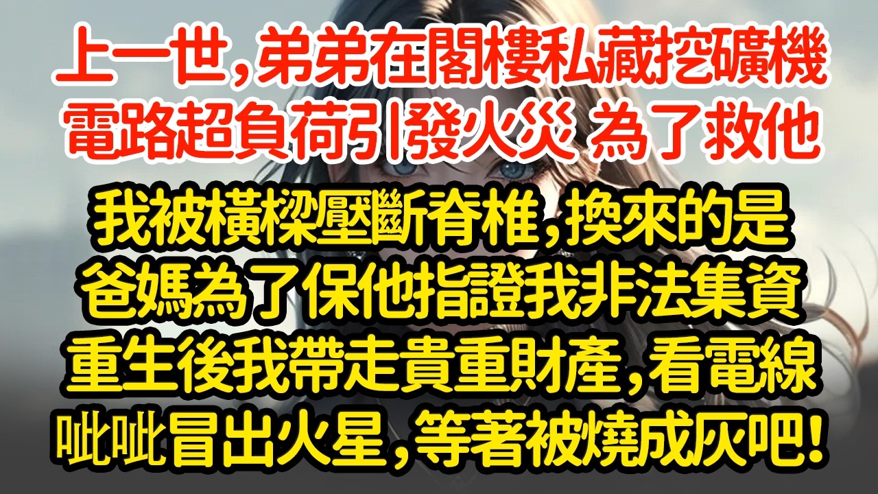 上一世，弟弟在閣樓私藏挖礦機，電路超負荷引發火災  為了救他我被橫樑壓斷脊椎，換來的是爸媽為了保他指證我非法集資重生後我帶走貴重財產，看電線冒出火星，等著被燒成灰吧！