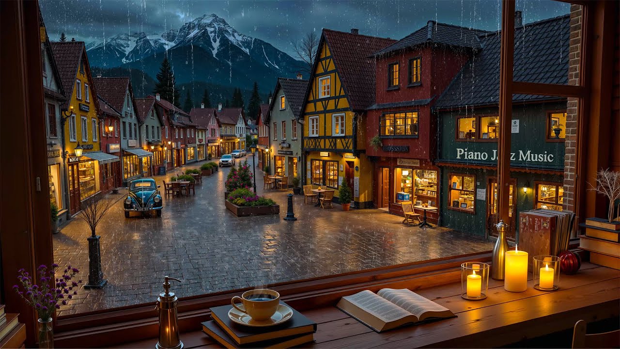 Rainy German Village Street View ☕ Relaxing Jazz Background Music & Rain Sounds for Work, Study