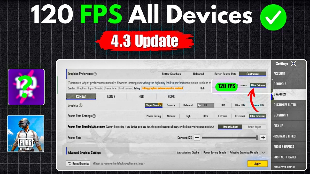 Unlock 120 FPS in PUBG & BGMI 4.3 Update | All Device Working 100% | 120 FPS GFX Tool | TQ Gaming