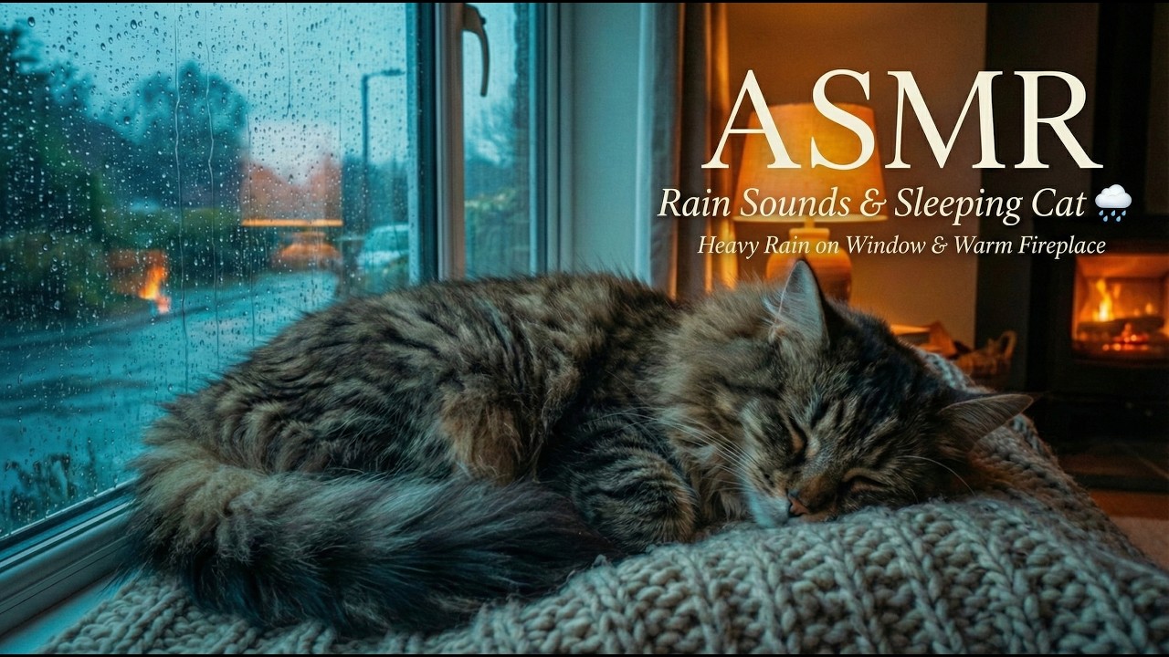 🐈 Cat Purring ASMR 🌙 Heavy Rain & Warm Fireplace 🔥 (No Talking, 1 Hour)