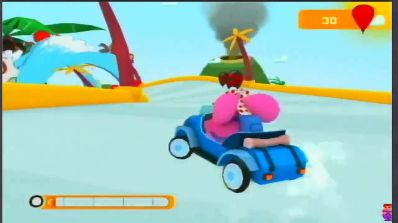 Elly explota más de 100 globos en el circuito Volcán de Pocoyó Racing para Nintendo WII.