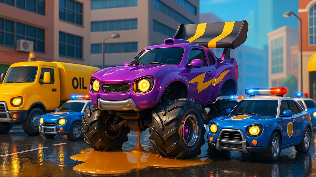 Monster Truck Stuck in Oil! Police Cars to the Rescue! 🚓🚛 | Cars Animation