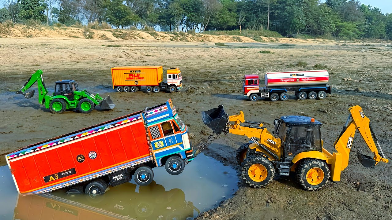 JCB Tractor Cartoon Video | BharatBenz TATA Dumper Truck Accident Pulling Out JCB 5CX | AJ TOYS