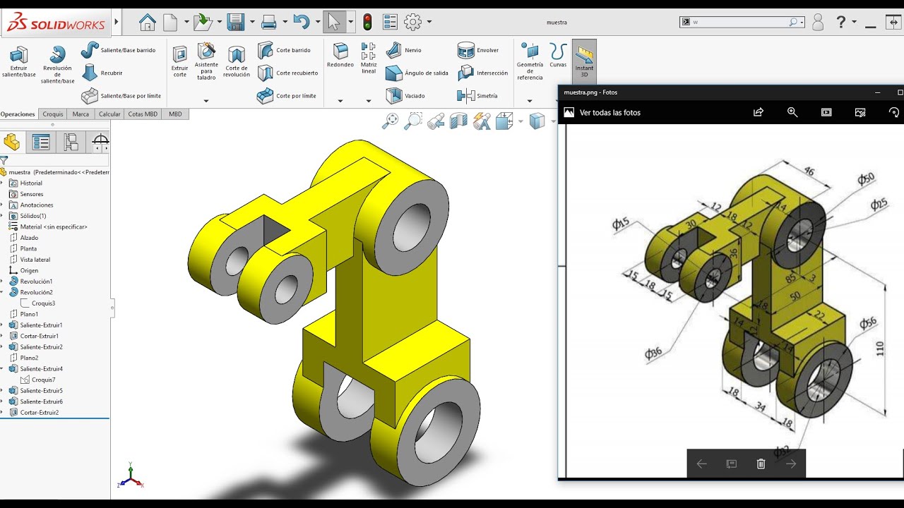 tutorial solidworks 2020, extruir saliente base, extruir corte, croquizado
