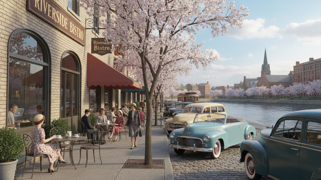 1950s Spring Riverside Café 🌸 Vintage Street Oldies | Sinatra, Nat King Cole, Crosby, Dean Martin