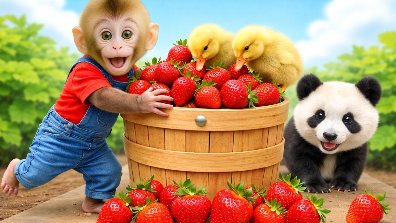 Bebé Mono NANA cosecha fresas para mamá y juega con patos y un oso travieso 🍓🦆🐻✨