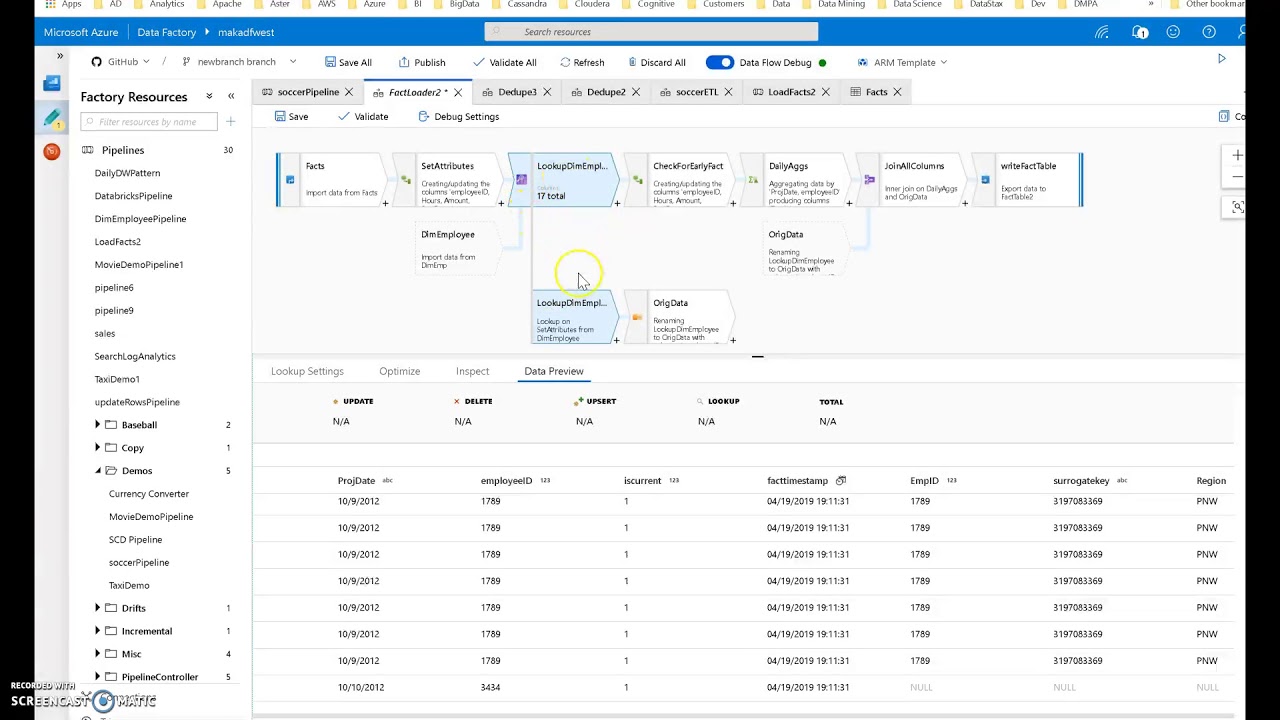 Загрузка таблицы фактов с отображением потоков данных ADF