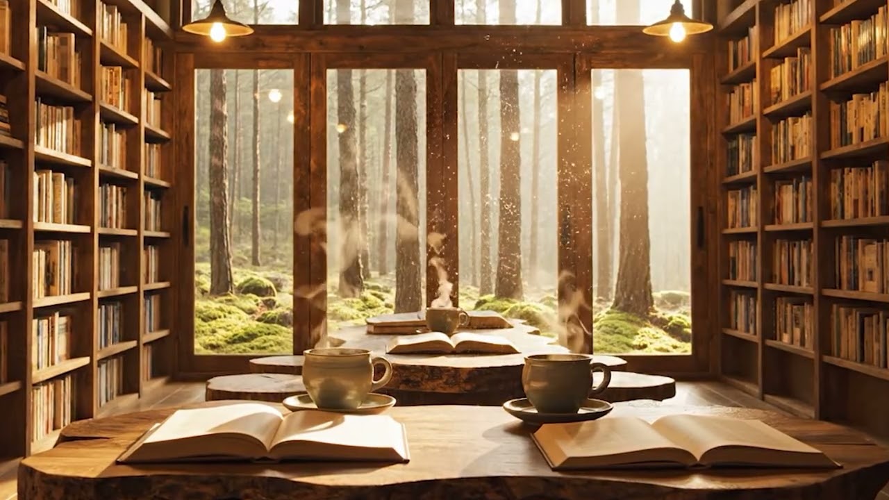 4K Korean Forest Coffee Bookstore Ambience 🌲☕ | Cozy Study-Reading Café Atmosphere (#piano #violin )