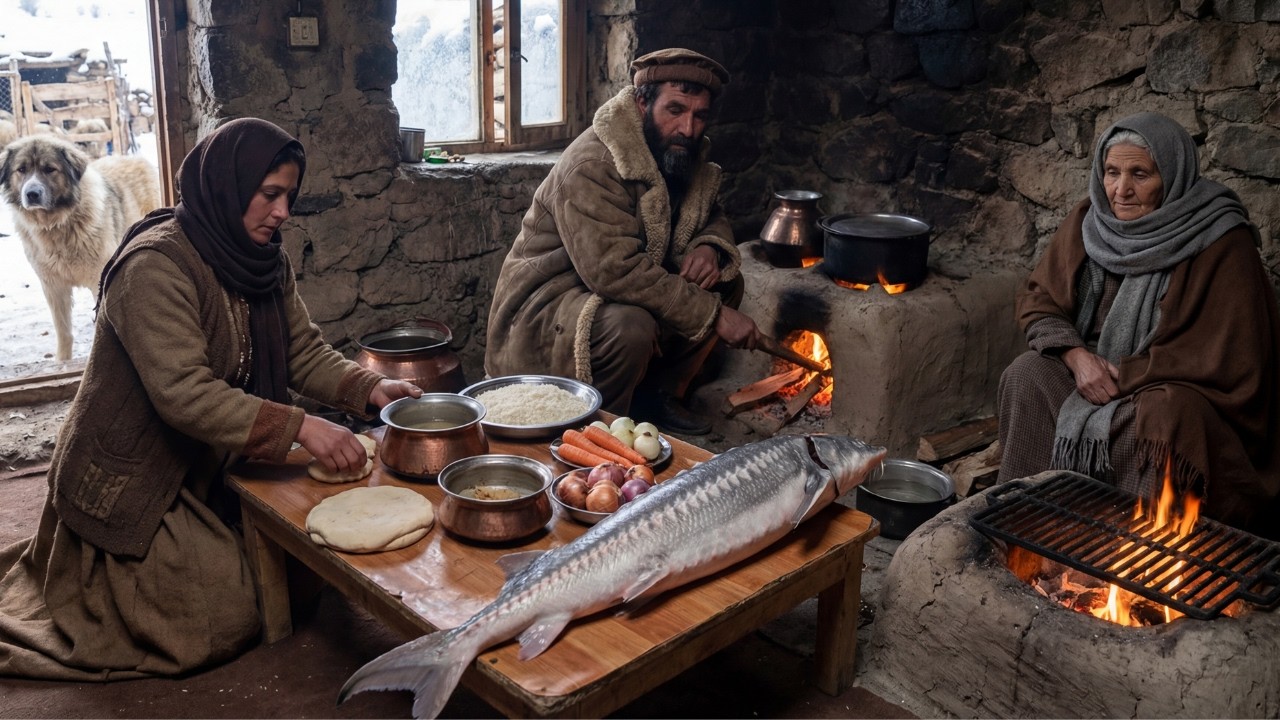 Preparing Food for a Snowstorm FEST. Cooking GIANT Sturgeon in Afghanistan Remote Winter Village.