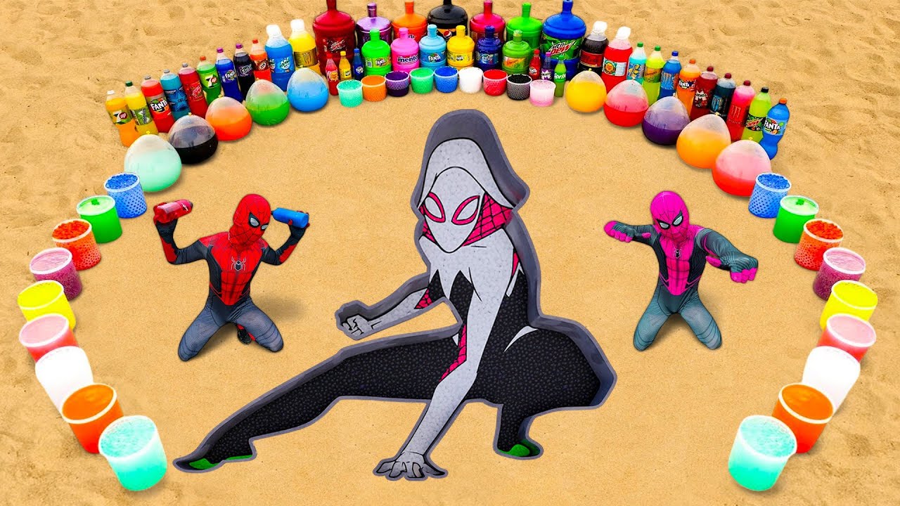 Большое извержение зубной пасты от Spider Gwen, шарики Pepsi, Fanta, Mountain Dew, 7up, Coca-Cola...