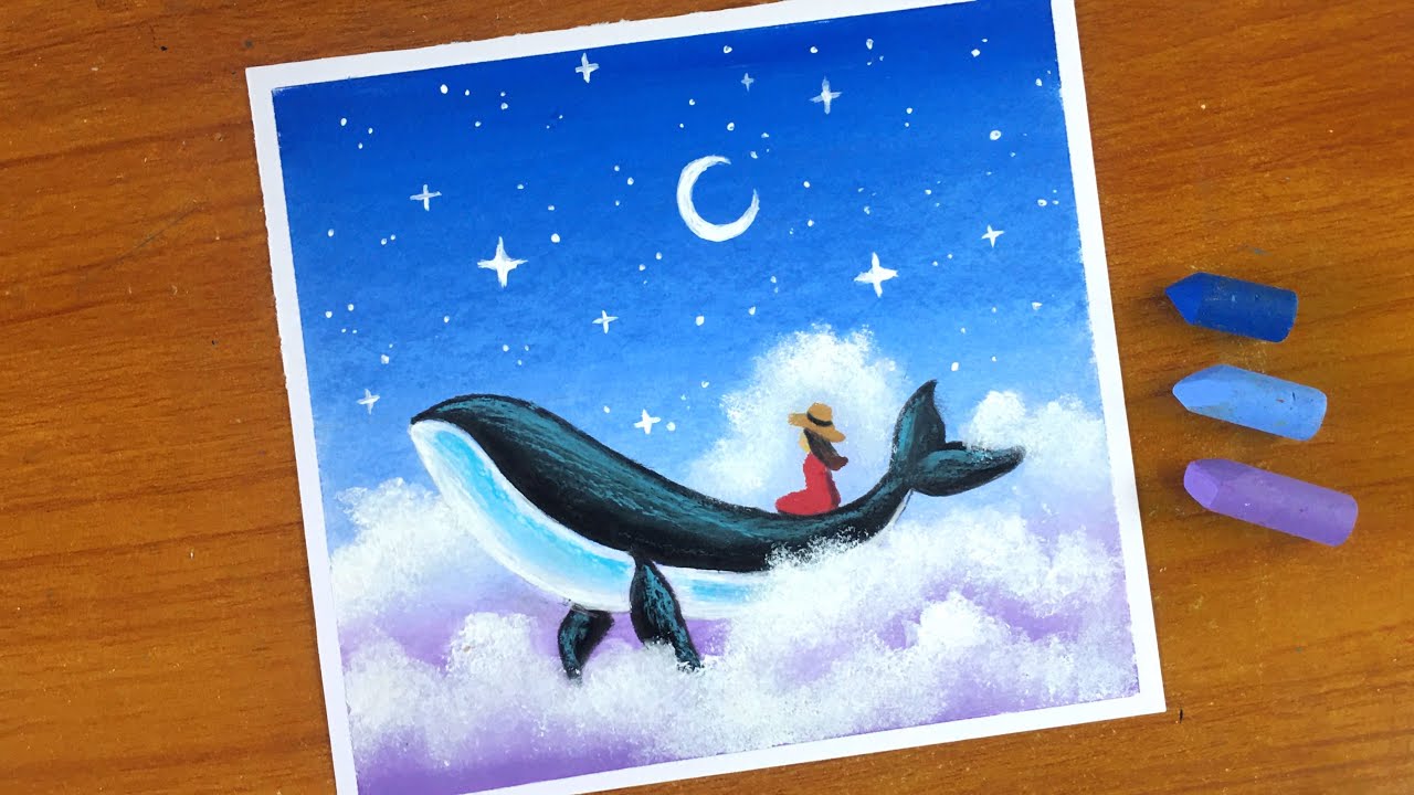Easy Oil Pastel Flying Whale Painting for beginners | Oil Pastel Drawing