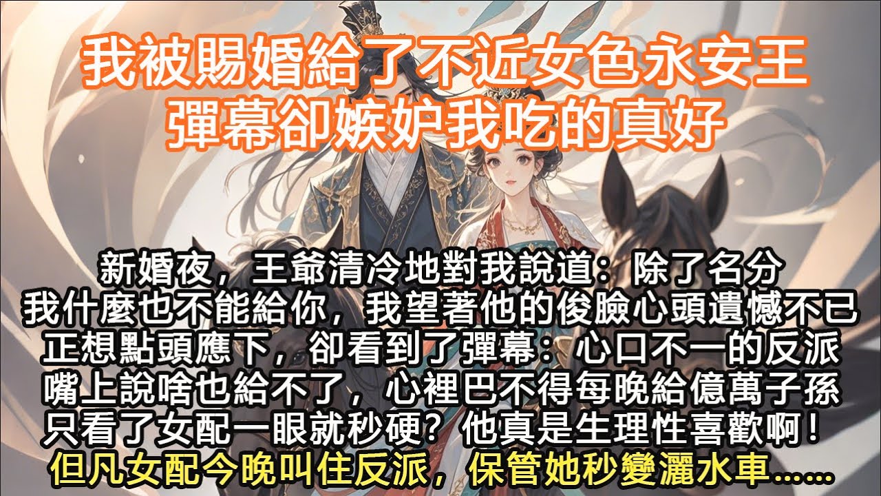 完結沙雕搞笑顛爽文：新婚夜，王爺清冷地對我說道：除了名分我什麼也不能給你，我望著他的俊臉心頭遺憾不已正想點頭應下，卻看到了彈幕：心口不一的反派嘴上說啥也給不了，心裡巴不得每晚給億萬子孫只看了女配一眼就