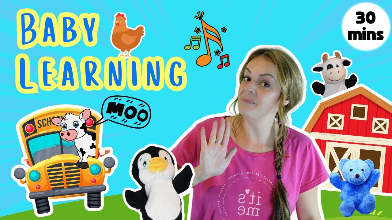 Baby Learning Video, Learn First Words, Farm Animals & Gestures + Wheels on The Bus, Toddler Videos