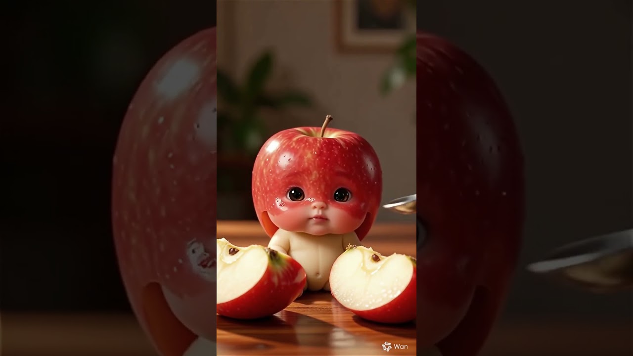 Wan Video Generate peeled red apple segments sitting on a wooden table