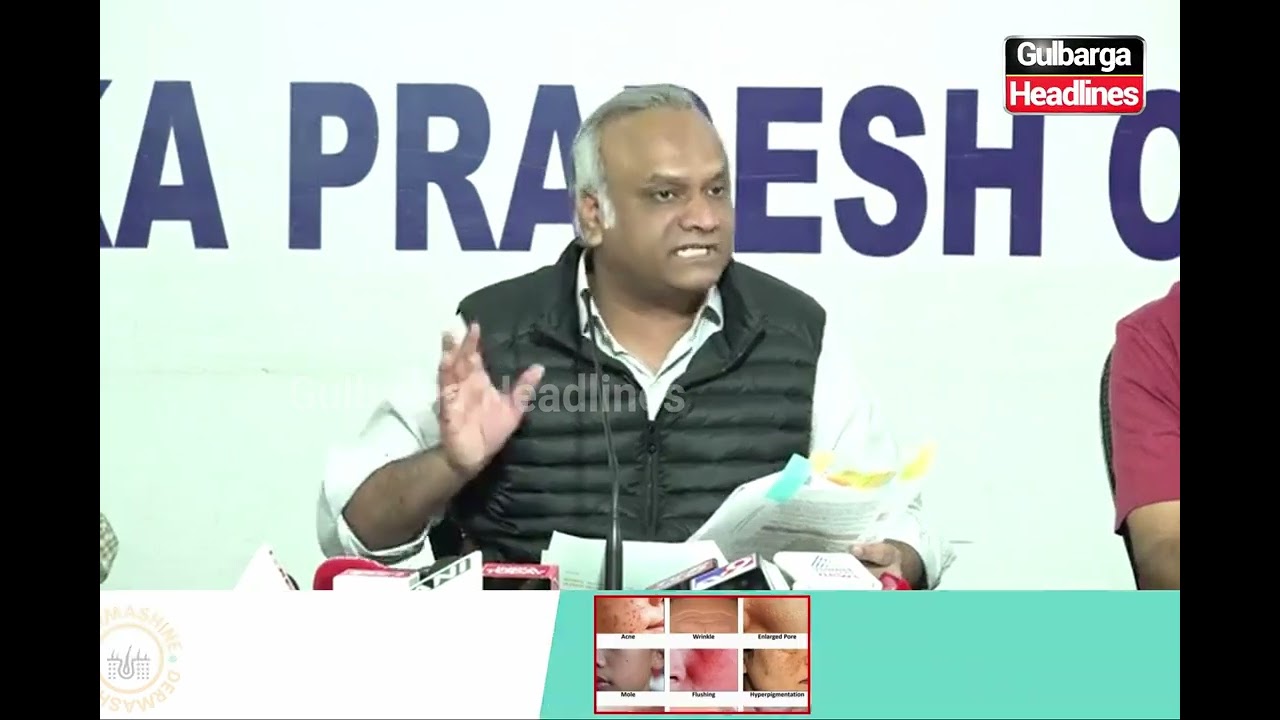 Minister Priyank Kharge addresses the media at the KPCC Headquarters.