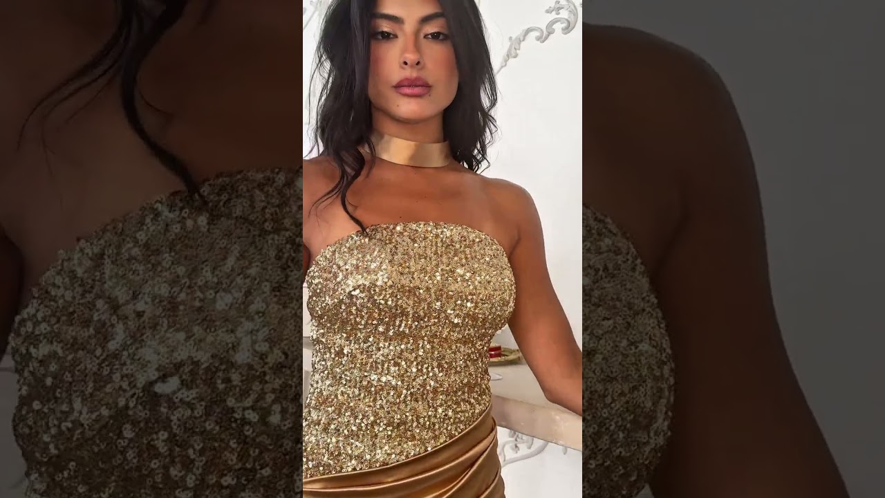 Golden Sequin & Satin Prom Dress ✨ Strapless Glam Gown | Amoris T609