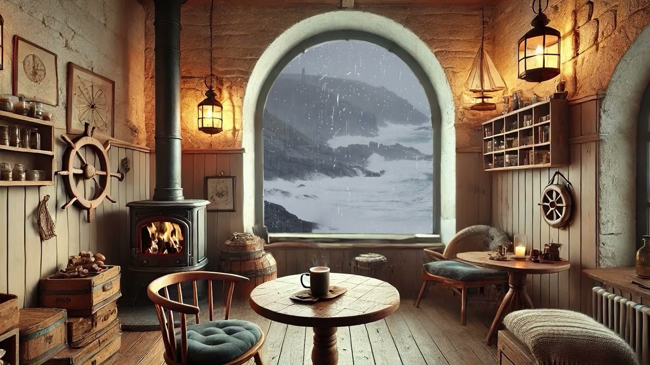 Cozy Lighthouse Coffee shop ambience | Rainy on Window, Crackling Fire & Ocean Views [8 hours]