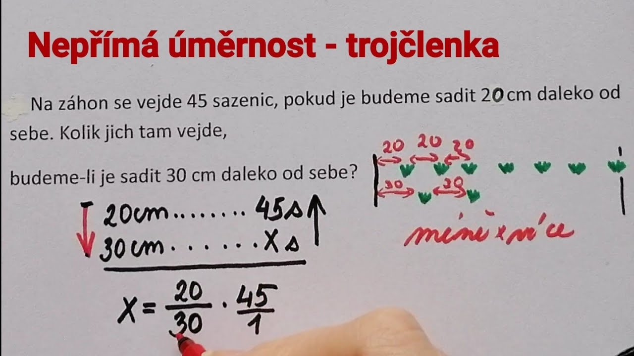 Nepřímá úměrnost 2, trojčlenka, vzdálenost sazenic, ozubená kola