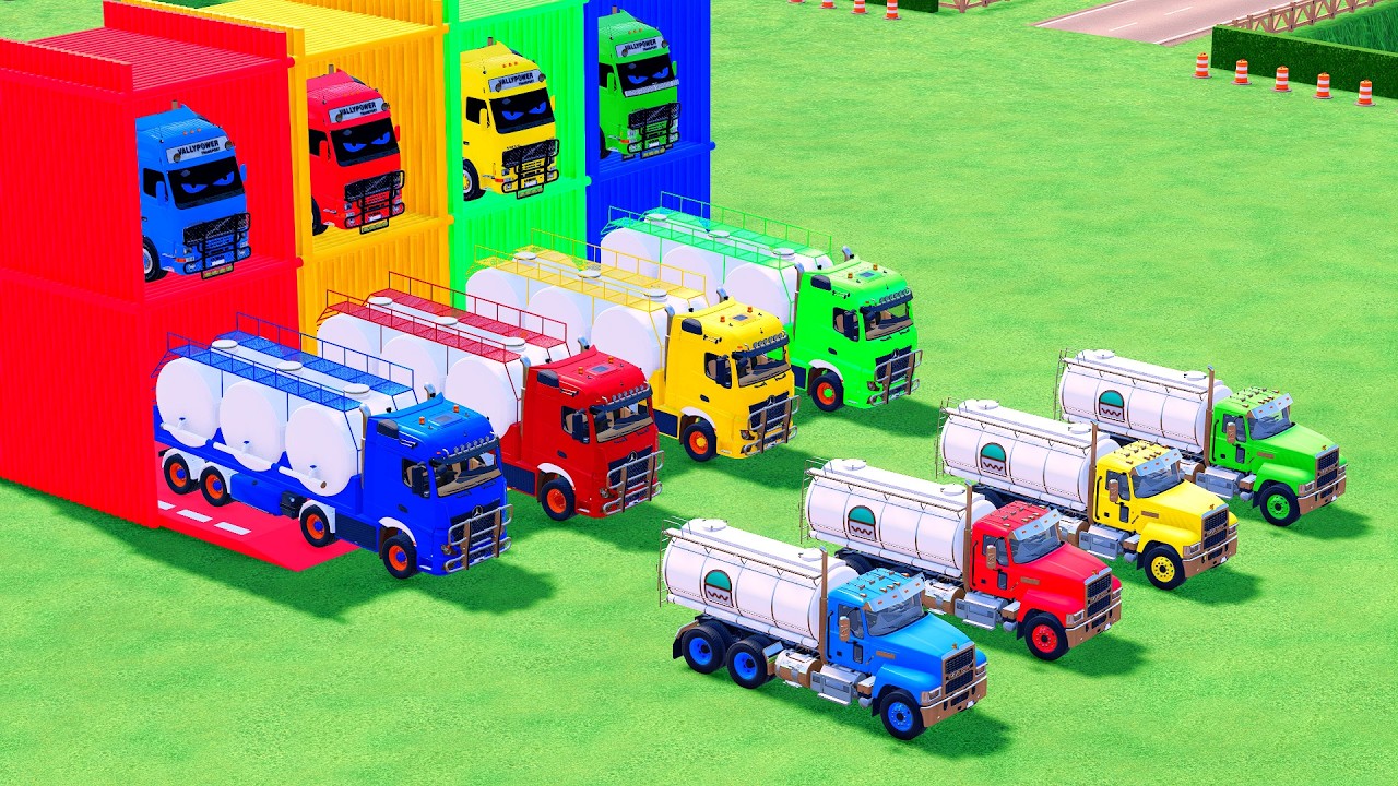 Garage with Colors - ALL MIXER TRUCK WITH DOUBLE FLATBED TRAILER TRUCK, DAF, MERCEDES, SCANIA, KRAZ