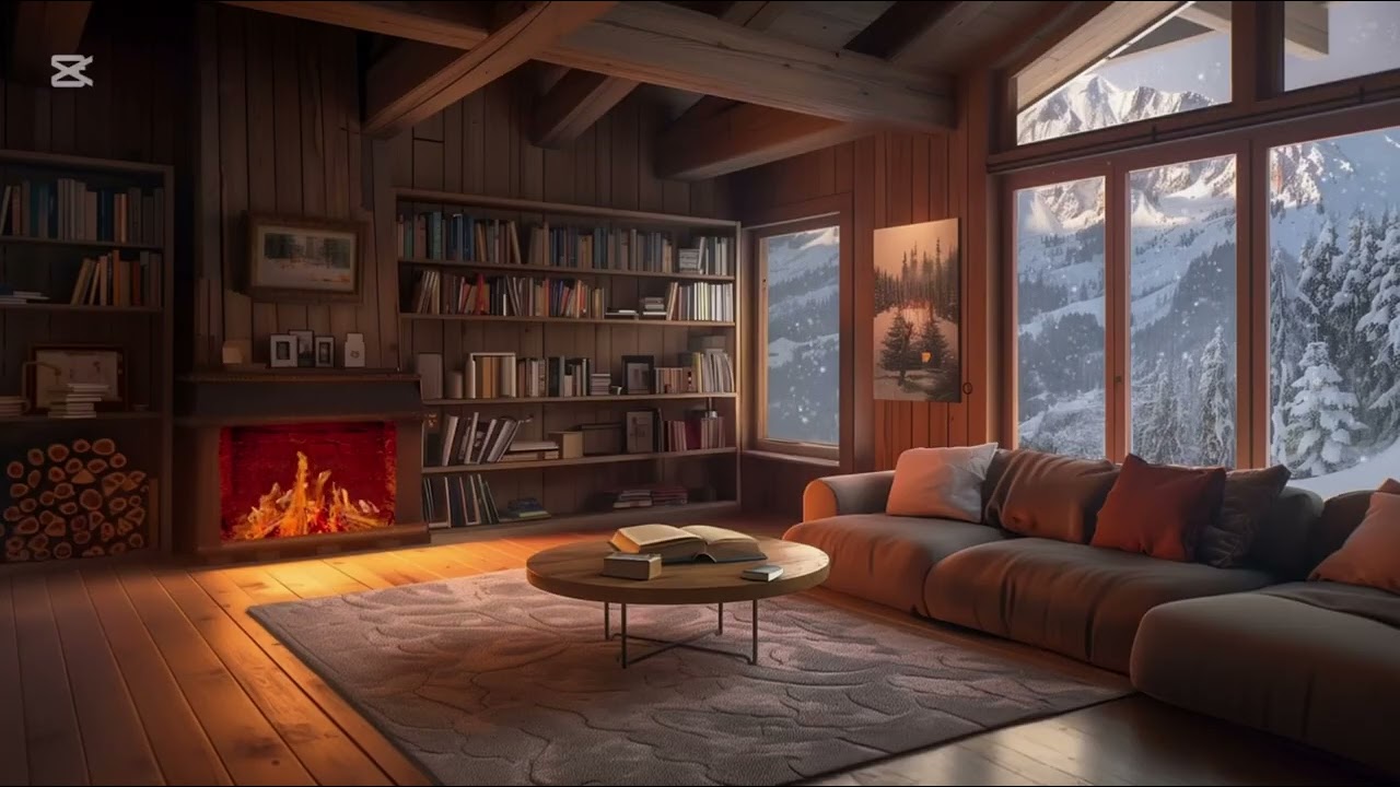 Relaxing Winter Snowfall with Soft Jazz Music on Cozy Cabin Ambience ⛄ Fireplace Sounds for Unwind