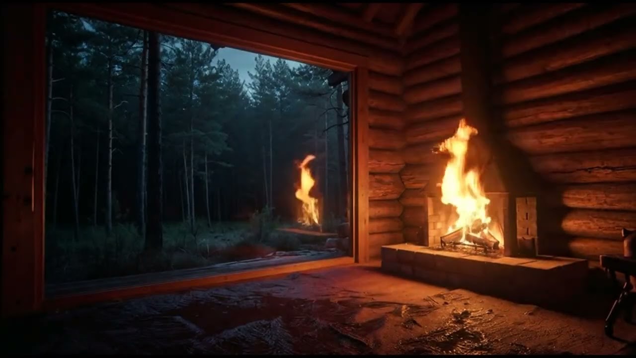 Log Cabin Fireplace Warmth | Gentle Fire Sounds & Tranquil Forest Backdrop