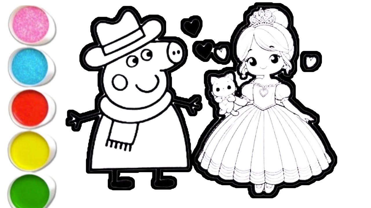 Peppa pig With Princess Drawing Painting & Colouring For kids & Toddlers ll Easy Kids Drawing 