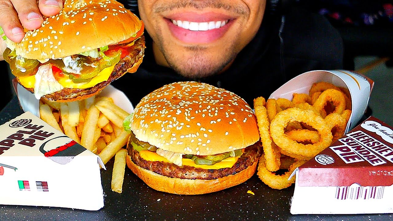 ASMR BURGER KING IMPOSSIBLE BURGER WHOPPER ONION RINGS PIES FRIES EATING SHOW MOUTH SOUNDS