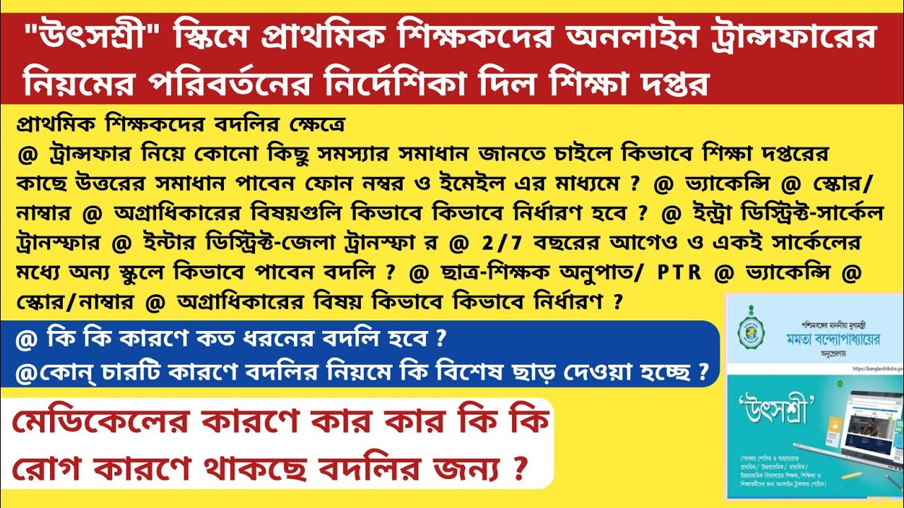 |UtshaShree Portal|Primary Teacher Transfer|Intra District|Inter District|Transfer|Circle|Guideline|