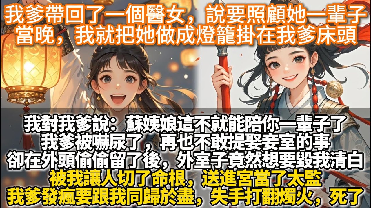 完結爽文：我爹帶回了一個醫女，說要照顧她一輩子，當晚，我就把她做成燈籠掛在我爹床頭：阿爹，蘇姨娘這不就能陪你一輩子，你也不用娶她。我爹被嚇尿了，再也不敢提娶妾室的事，卻在外頭偷偷留了後