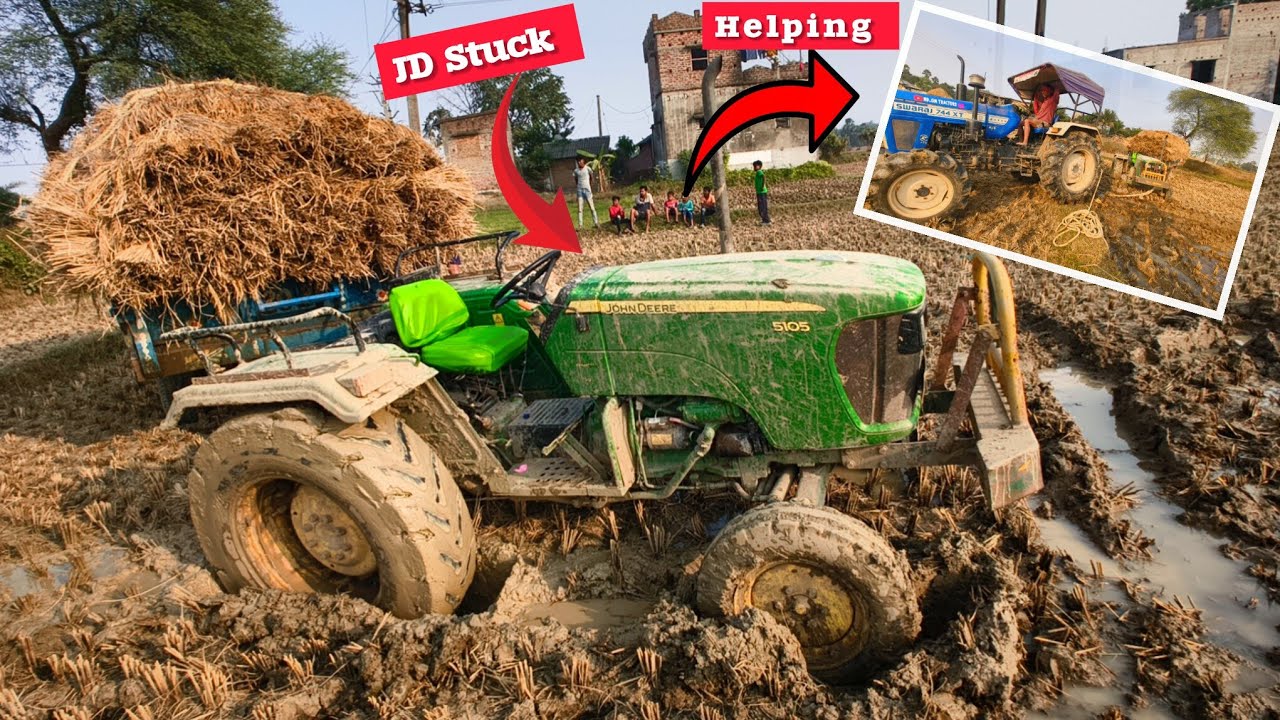 John Deere 5105 Stuck and Swaraj(Yamraj)744XT 4WD help in the deep mud🤯লোড ট্রলি নিয়ে বসে গেছে😱