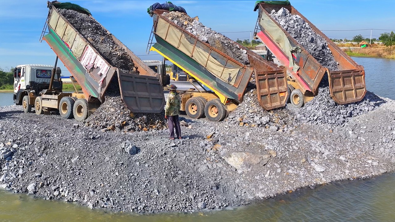 Great Skill !! Bulldozer SHANTUI C3 Push Rock Into Water With Dump Trucks25 TON Unloading Rock