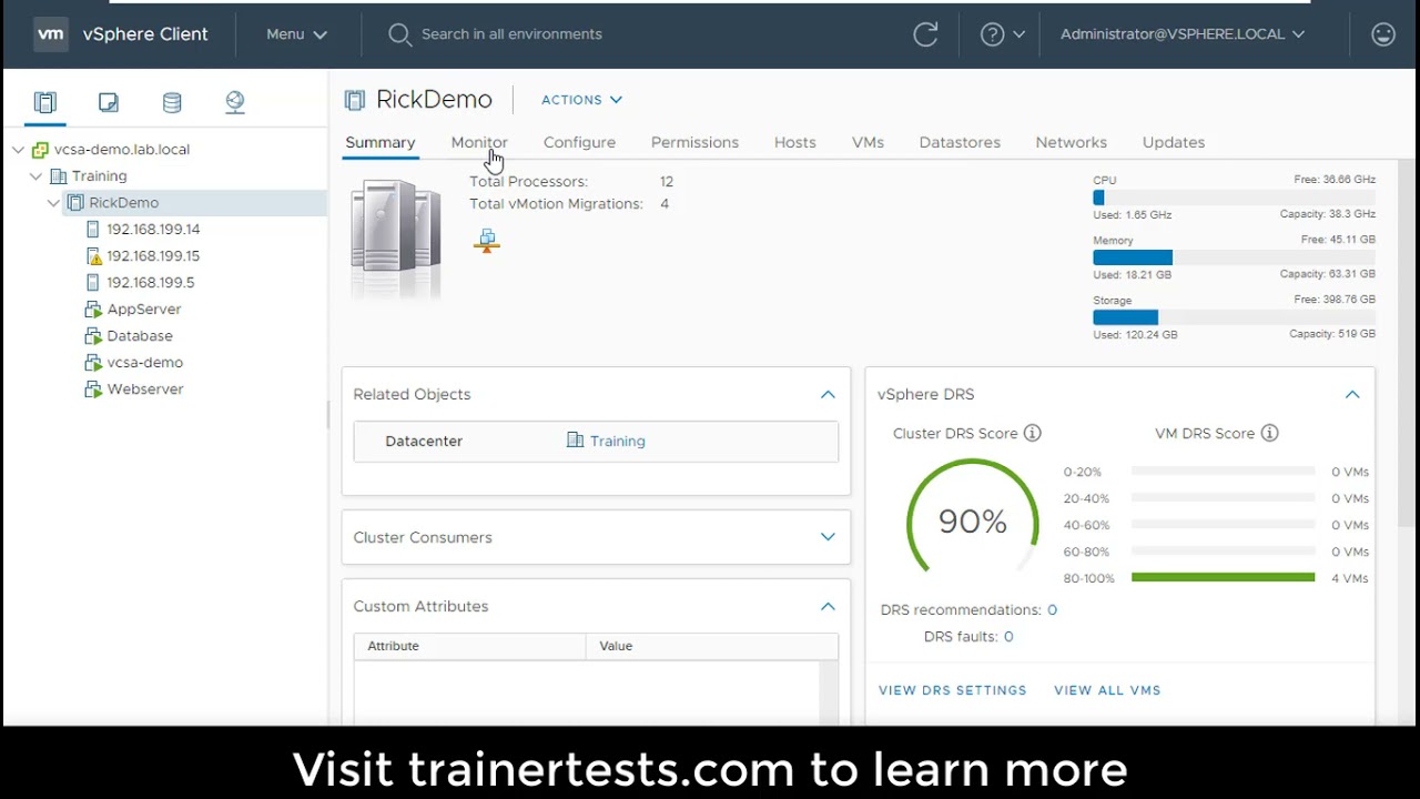 vSphere 7 Demo - Monitor a DRS Cluster from TrainerTests.com