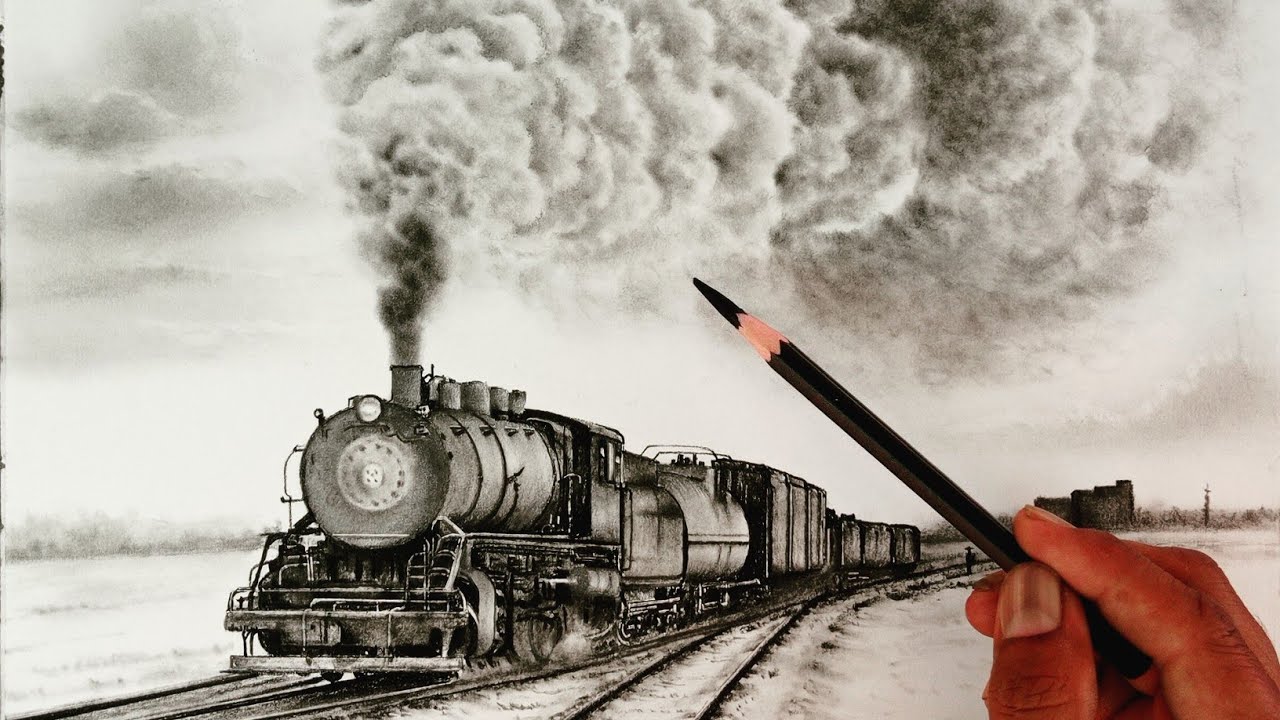 Pencil drawing of running steam engine train / Billowing smoke train scenery /