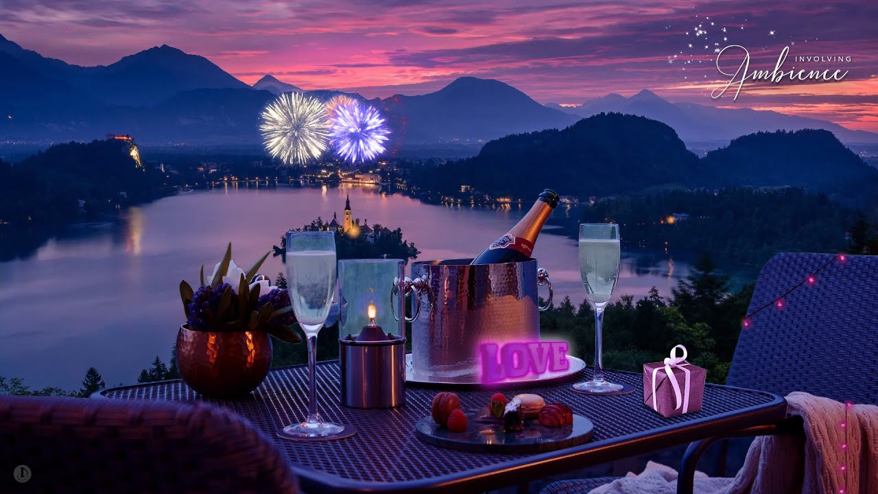 ASMR Ambience Romantic dinner by the lake: fireworks, laughter, lapping waves, champagne ❤️