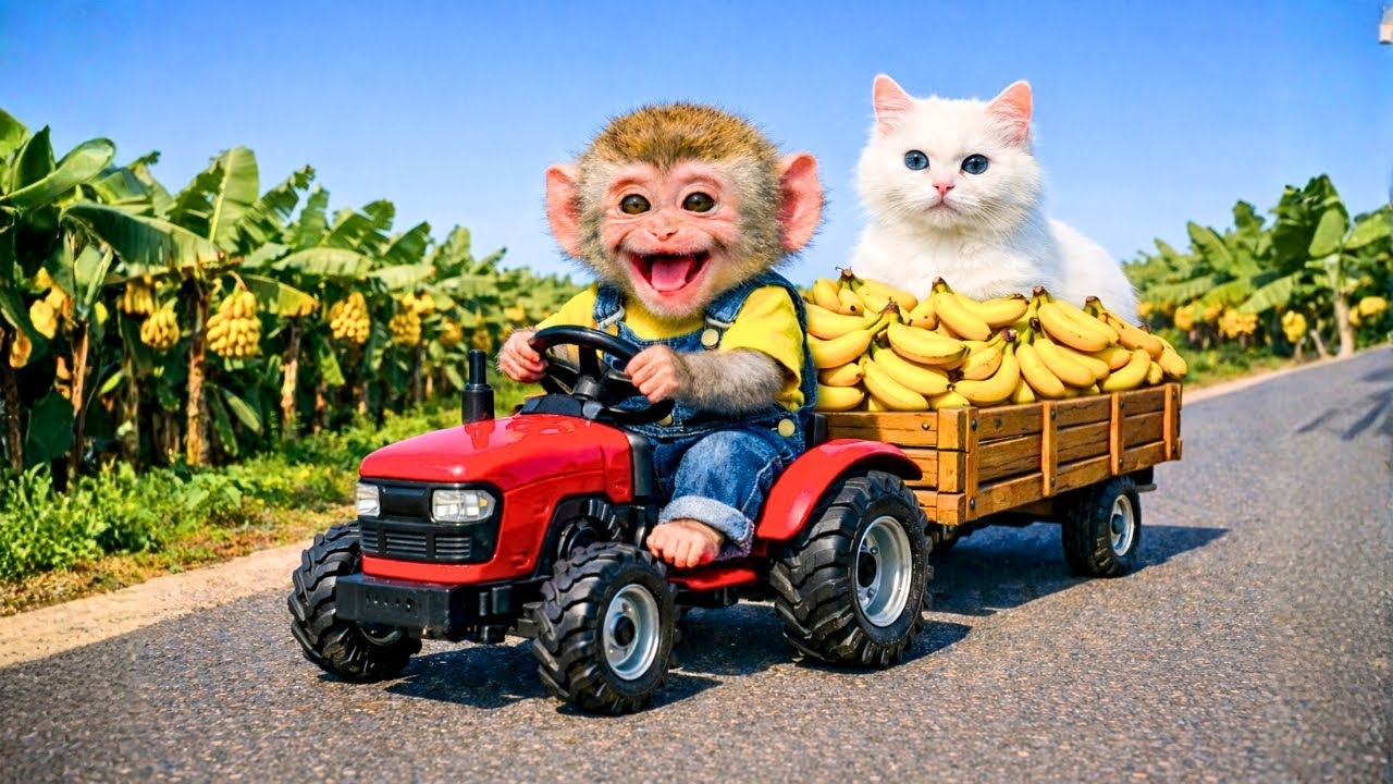 🐵 Baby Monkey Drives a Red Tractor 🚜 Banana Harvest with a Cute Cat 🐱🍌| Monkey Farm Work