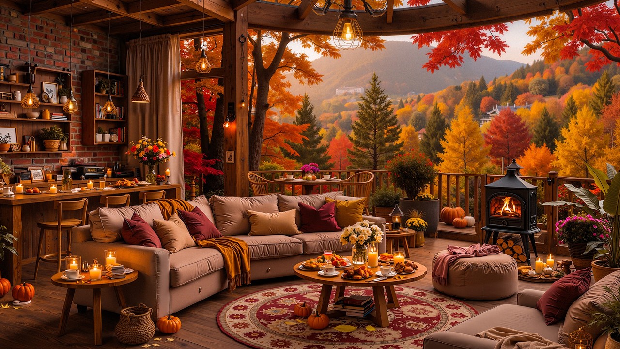 Chill Autumn Day & Warm Piano Jazz Music🍂Cozy Fall Porch Ambience & Crackling Fireplace to Good Mood