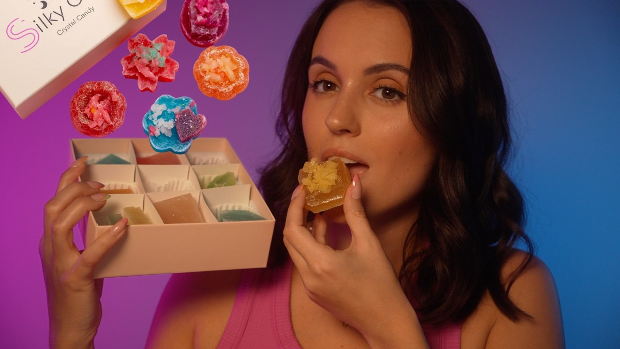 ASMR Trying Silky Gem Edible Crystals 💎 (crunchy eating sounds, mouth sounds and tapping)