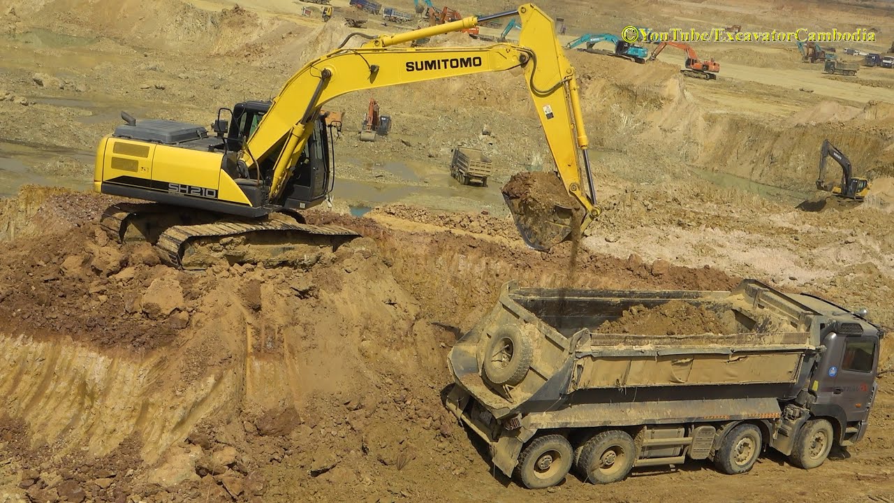 Sumitomo SH210 Excavator Loading Dump Trucks Excavator Cambodia Video