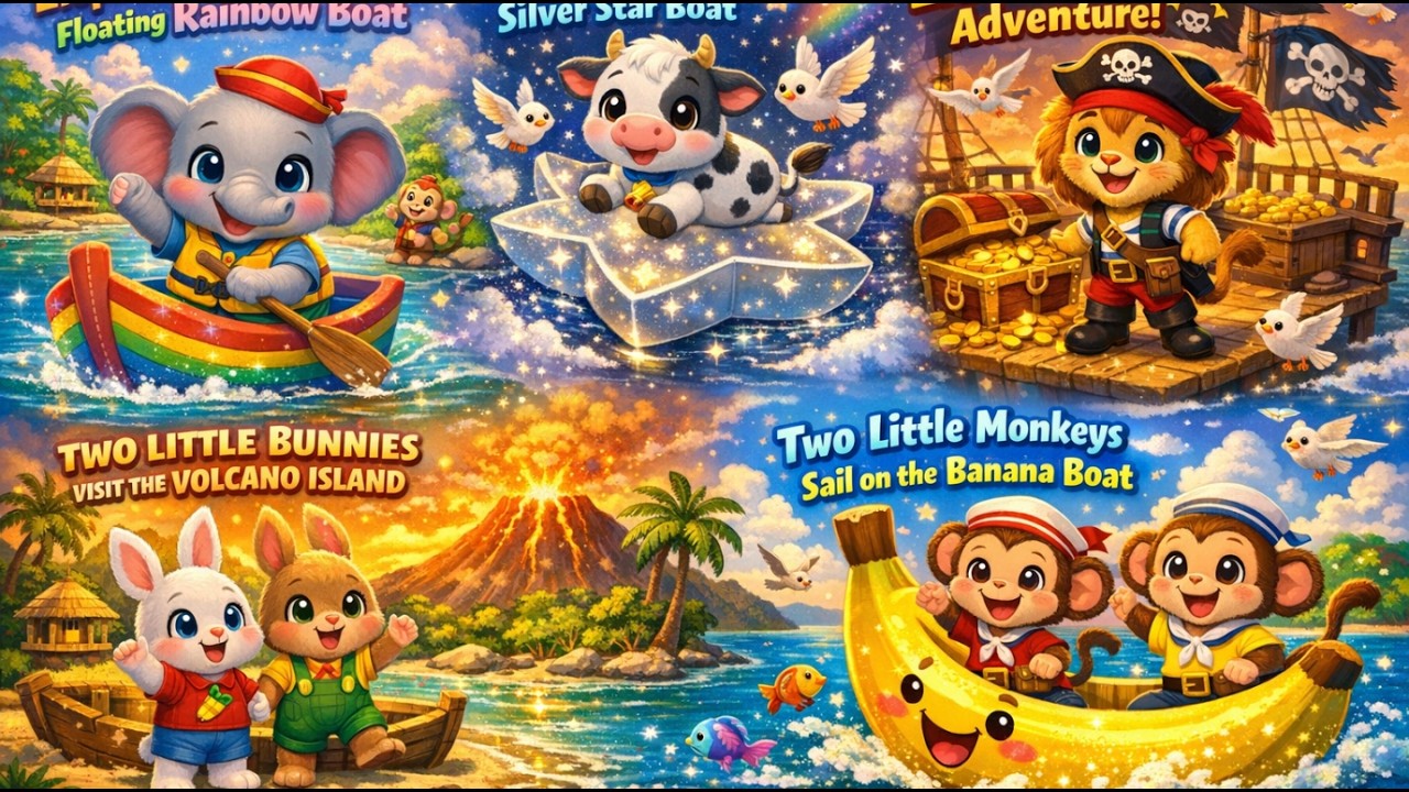 Fun Animal Boat Adventures 🐘🐄🦁🐰🐵 | Rainbow, Pirate & Volcano Island Nursery Rhymes for Kids