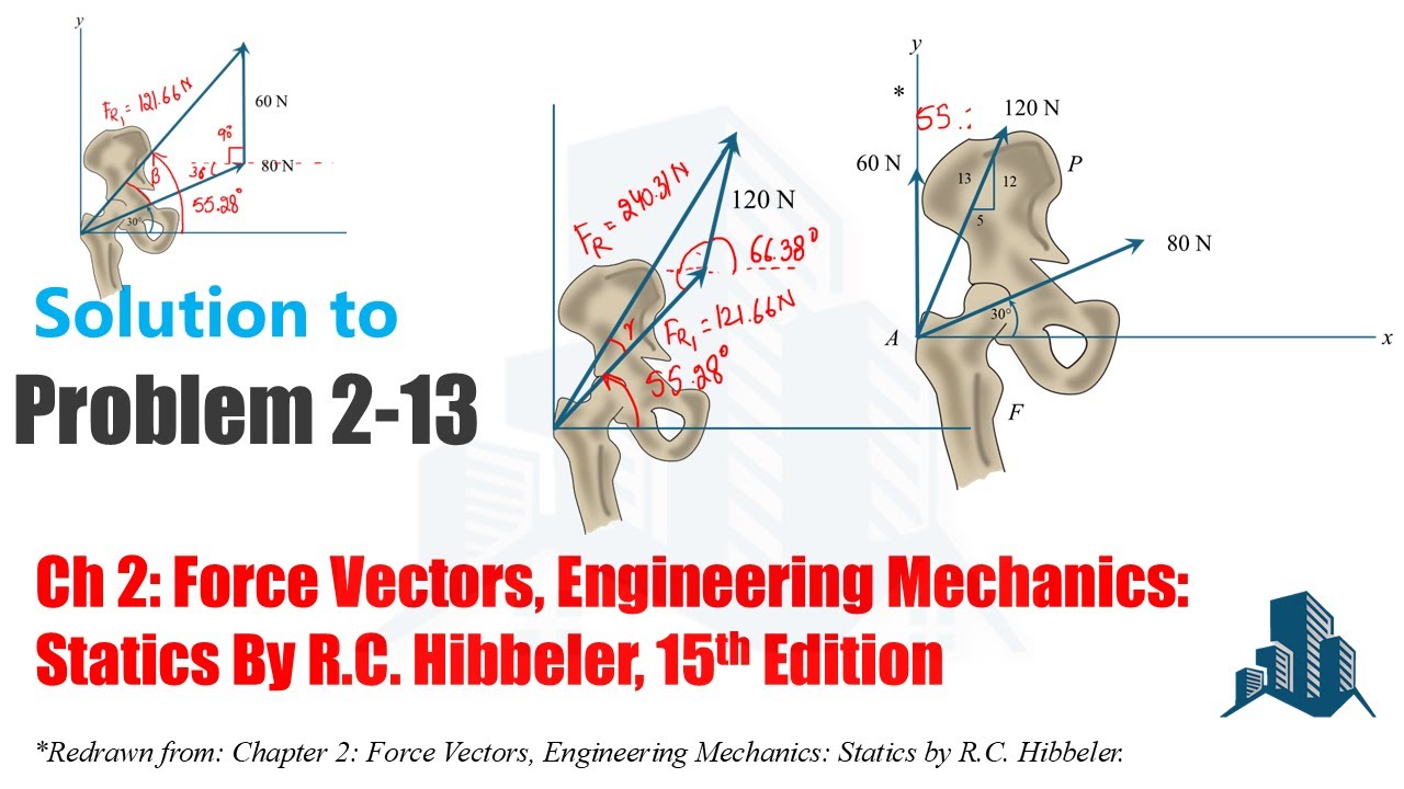 Problem 2-13: The pelvis P is connected to the femur F at A using three different muscles. Resultant
